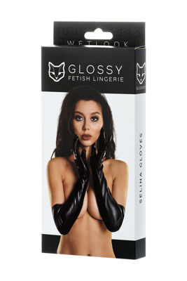 Черные перчатки Glossy из материала Wetlook выше локтя размер L