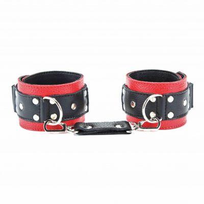 Кожаные наручники BDSM Арсенал на липучке черно-красные