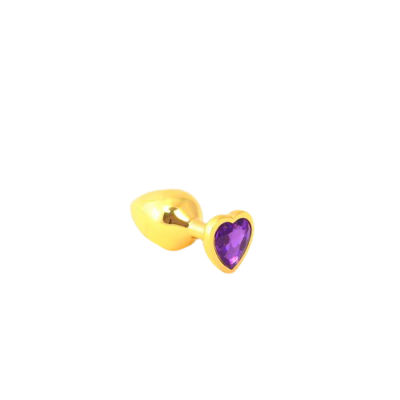 Золотистая анальная пробка с фиолетовым камушком в виде сердечка  M RY-020