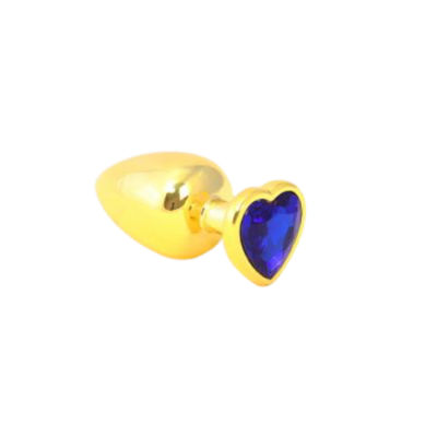 Золотистая анальная пробка с синим камушком в виде сердечка  S RY-019