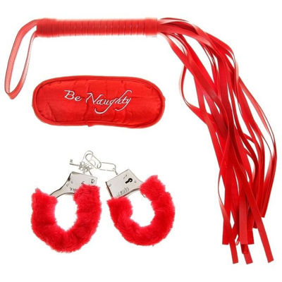 Набор влюбленных, 3 предмета: плетка, наручники, повязка, цвет красный