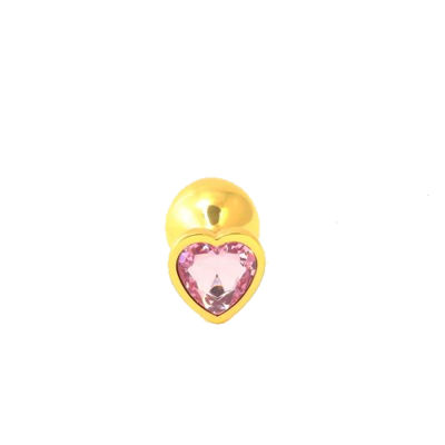 Золотистая анальная пробка с розовым камушком в виде сердечка  S RY-019