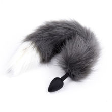 Анальная втулка силиконовая с хвостом Furry Fox искуственный мех (серый с белым)