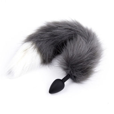 Анальная втулка силиконовая с хвостом Furry Fox натуральный мех (серый с белым)
