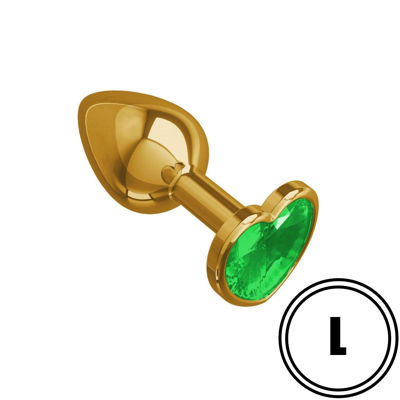 Золотистая анальная пробка с зеленым камушком в виде сердечка L
