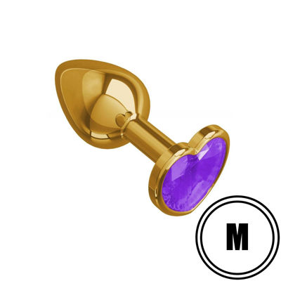 Золотистая анальная пробка с пурпурным камушком в виде сердечка M