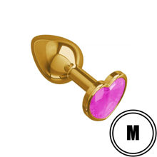 Золотистая анальная пробка с розовым камушком в виде сердечка M