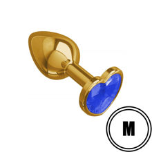 Золотистая анальная пробка с синим камушком в виде сердечка M
