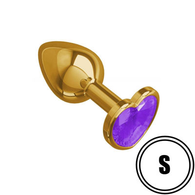 Золотистая анальная пробка с пурпурным камушком в виде сердечка S