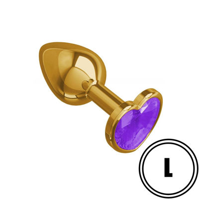 Золотистая анальная пробка с пурпурным камушком в виде сердечка L