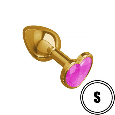 Золотистая анальная пробка с розовым камушком в виде сердечка S