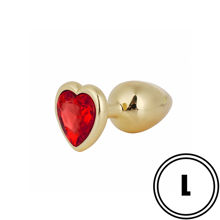 Золотистая анальная пробка с красным камушком в виде сердечка L RY-021