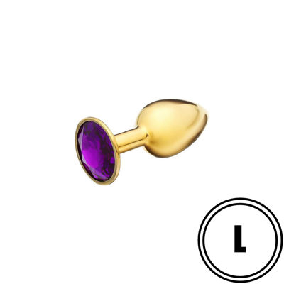 Золотистая анальная пробка с пурпурным камушком L