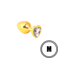 Золотистая анальная пробка с прозрачным камушком в виде сердечка  M RY-020