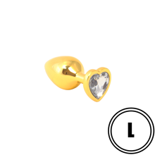 Золотистая анальная пробка с прозрачным камушком в виде сердечка L RY-021