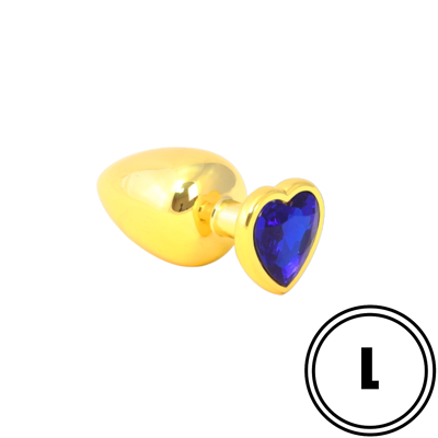 Золотистая анальная пробка с синим камушком в виде сердечка L RY-021