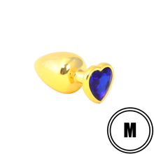 Золотистая анальная пробка с синим камушком в виде сердечка M RY-020