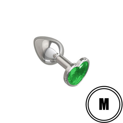 Металлическая анальная пробка с зеленым камушком в виде сердечка M