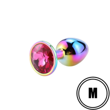 Разноцветная анальная пробка с ярко-розовым камушком M