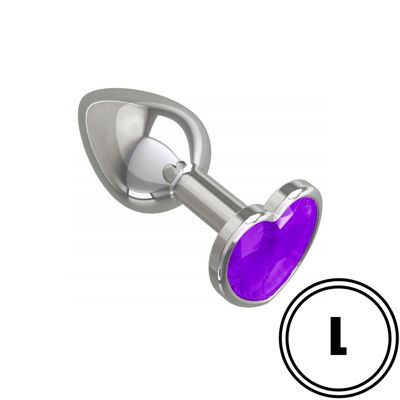 Металлическая анальная пробка с пурпурным камушком в виде сердечка L
