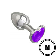 Металлическая анальная пробка с пурпурным камушком в виде сердечка M