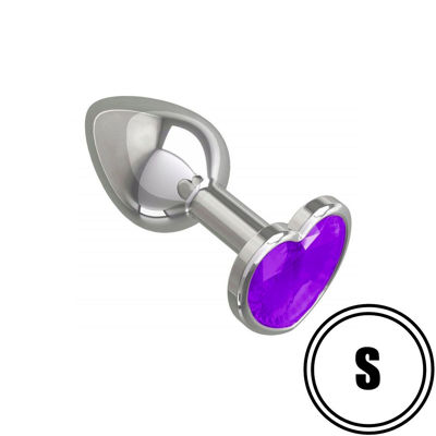 Металлическая анальная пробка с пурпурным камушком в виде сердечка S