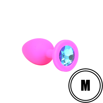 Силиконовая анальная пробка c голубым камнем  M розовая  RY-068